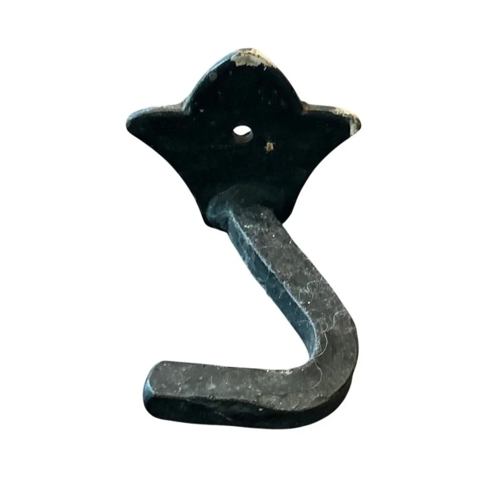 Antique Vintage Wrought Iron Wall Hook Black Rustic Hand Forged Fleur Farmhouse